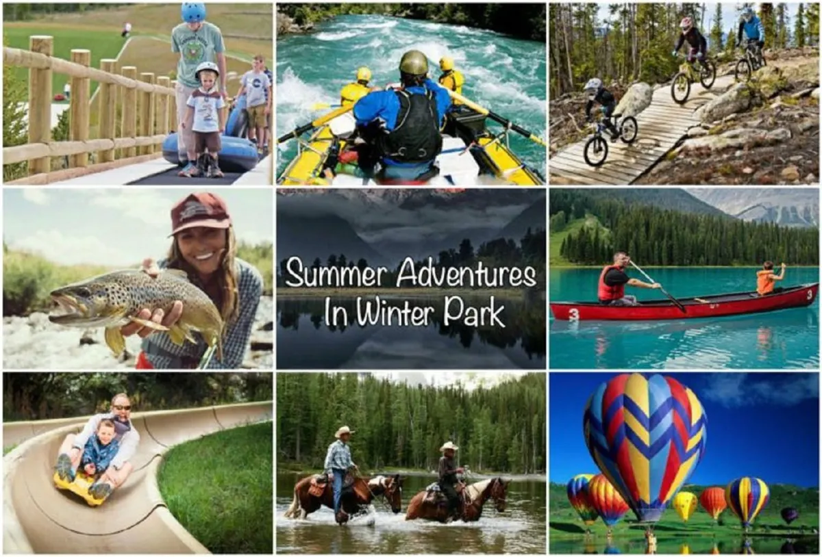 This vibrant exterior view shows families engaging in an array of exciting summer activities, including rafting on a lively river, biking along scenic trails, fishing by the water, boating, horseback riding, and children laughing on water slides. The image is lively and packed with action, embodying the thrill and diversity of warm-weather adventures.