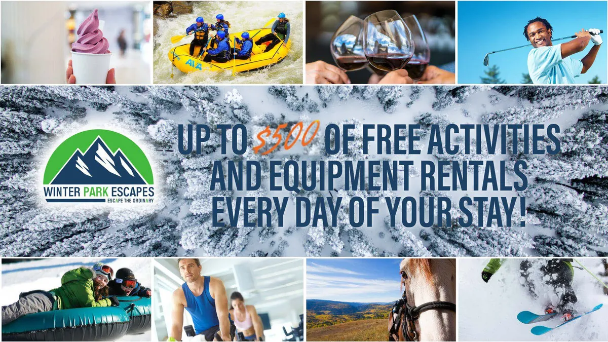 This interior collage highlights a range of resort experiences, from outdoor activities like white-water rafting, skiing, and snowboarding to gourmet dining and family fun, capturing the diversity of complimentary curated activities available through the resort.