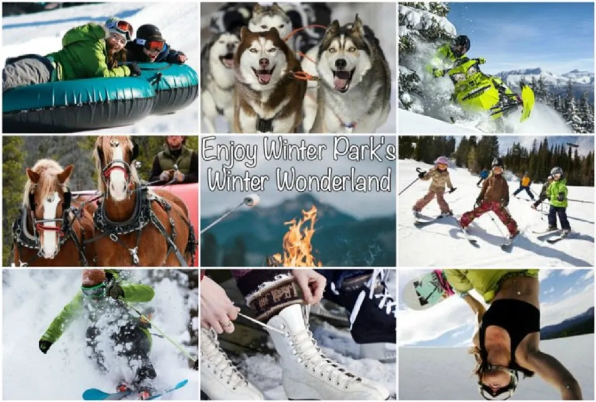 A lively winter scene bustling with families and groups engaging in snow tubing, dog sledding, snowmobiling, skiing, and gathering around a campfire. The foreground features people in colorful winter gear enjoying a variety of snow activities.