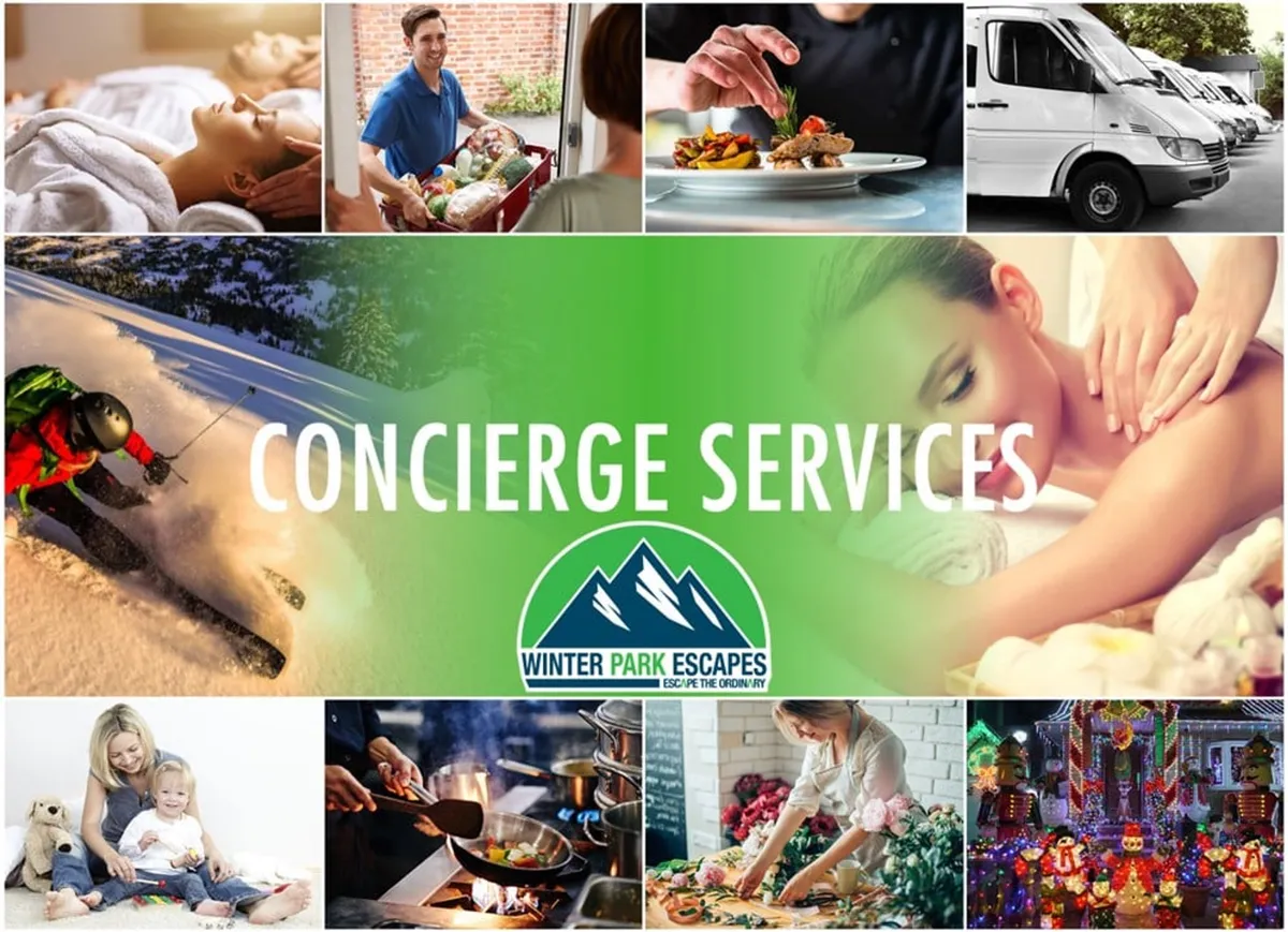 A composite interior scene highlighting a range of premium resort amenities: visible spa treatments, concierge services, food delivery, ski activities, and a setting for family gatherings. The space feels inviting, festive, and equipped for a variety of experiences.